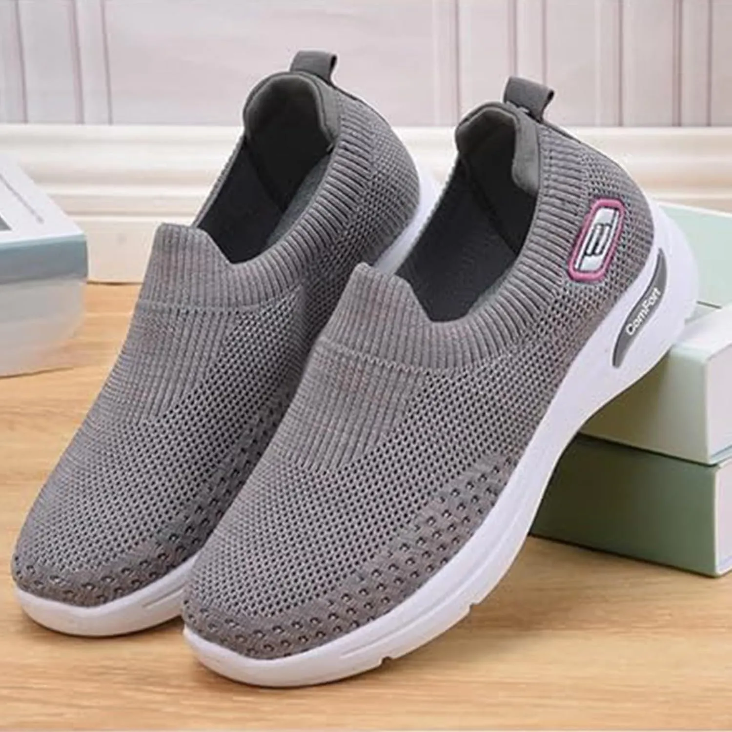 ZWRXW Orthopedic Sneakers for Women Summer Lightweight Casual Slip On Walking Shoes with Arch Support Breathable Soft Woven Shoe Non-Slip Mesh Up Footwear