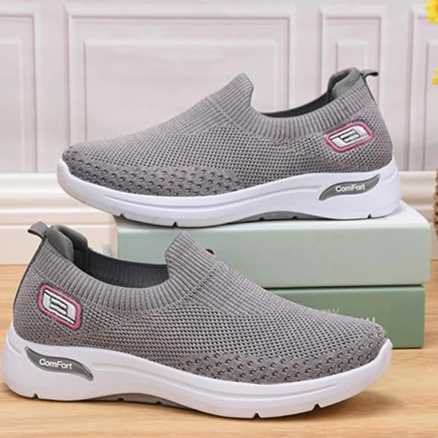 ZWRXW Orthopedic Sneakers for Women Summer Lightweight Casual Slip On Walking Shoes with Arch Support Breathable Soft Woven Shoe Non-Slip Mesh Up Footwear