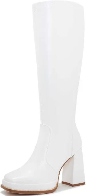 ZXHYZLZ Knee High Gogo Boots 70S For Women Wide Calf Long Tall Square Toe Chunky Boot Women